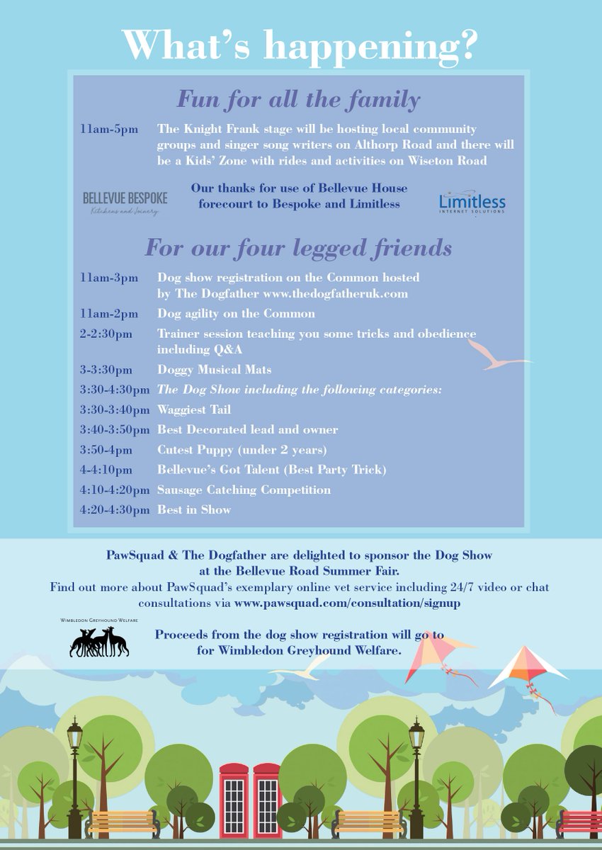 BellevueRoadSW's tweet photo. The Bellevue Road Summer Fair provides lots of fun for our four legged friends: @TheDogfatherUK will offer Dog agility throughout the day, plus sessions on tricks and obedience, or why not join Doggy Musical Mats just before the MAIN event - The Dog Show! https://t.co/oXoZCWovCg