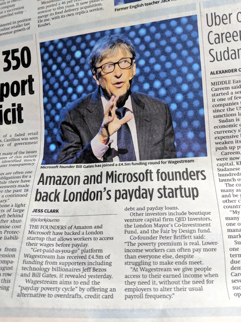 Congrats all @Wagestream on new £4.5M in #Funding from @JeffBezos, @BillGates and the always awesome @FairByDesign @fundinglondon! @Kieranleehill #PovertyPremium