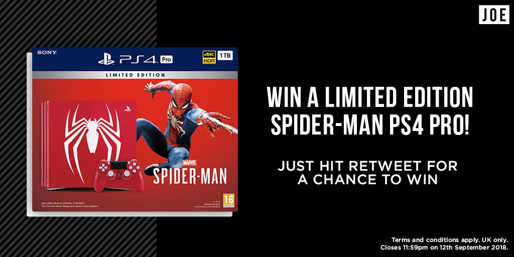 Win a limited edition Spider-Man PS4 Pro! 

Just hit RETWEET for a chance to win! 

#SpiderManPS4 
#SpiderMan
#SpiderManPS4pro
