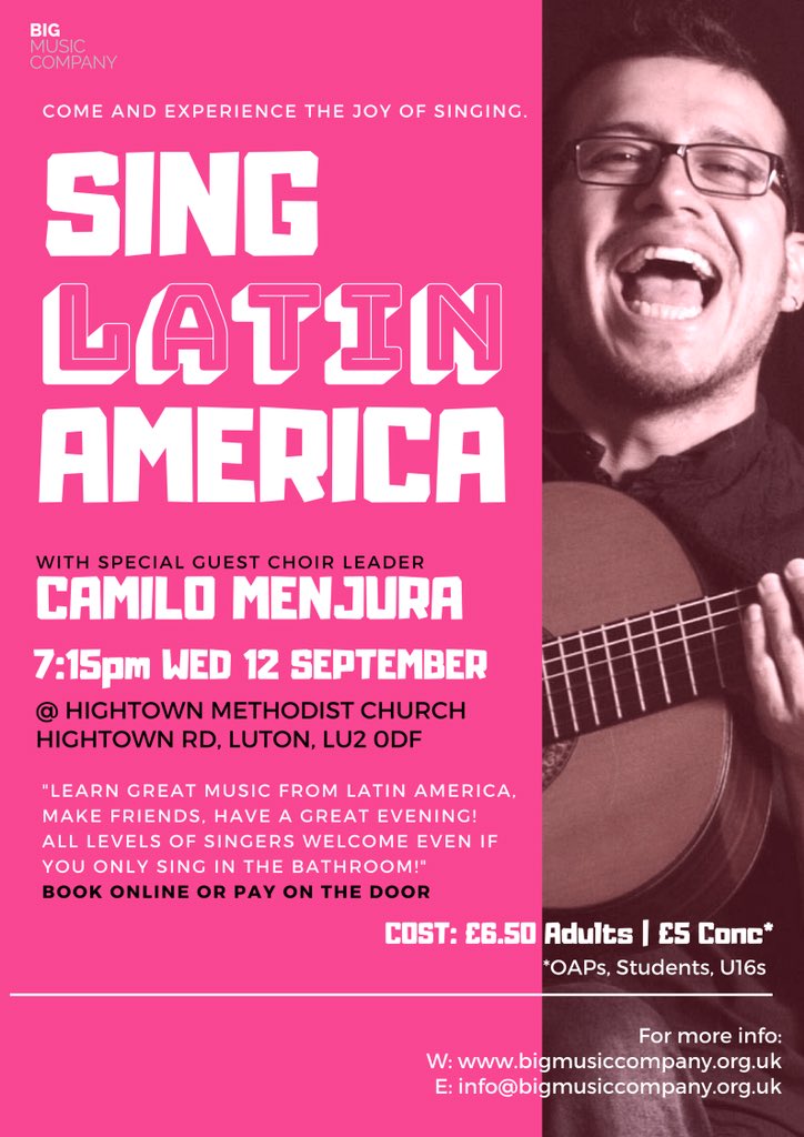 Join us this Wednesday on 12th Sept  for a fabulous Latin American Singing Workshop! Learn songs with that warm Latin American flavour with Special guest choir leader @menjuracamilo  all are welcome! Come & sing your stress away 🎶🎵🎶#BHFCC #Luton #LutonEvents #SingLuton
