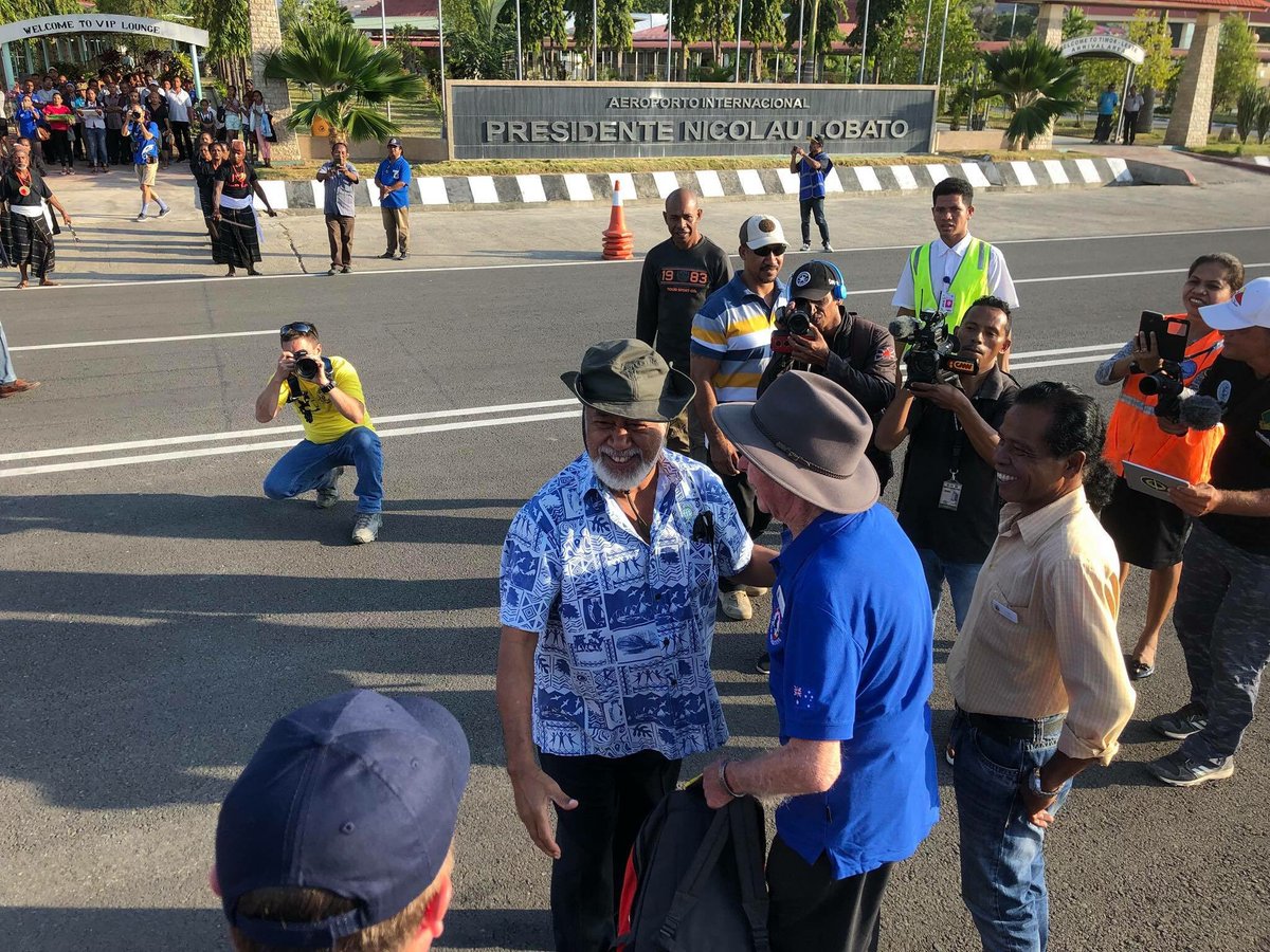 28 #Veterans arrive in #TimorLeste on TA7. A most wonderful welcome led by Xanana Gusmau and a host of Timorese veterans. A legendary welcome back for 94 year old WWII commando veteran Ian Hampel who served there in 1942 #TimorAwakening