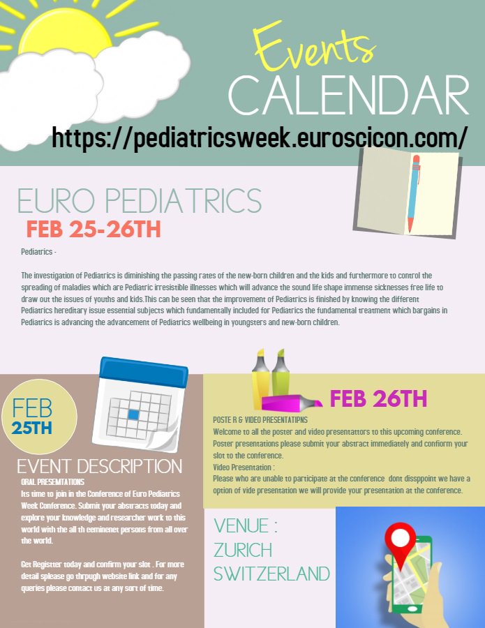 PediatricsEuro's tweet photo. Join your peers at #PediatricsWeek-2019, #Zurich on #February 25-26th, 2019
#neonatology #pediatrics #immunology #genetics #zurich #switzerland #nutrition #pediatricsconference #neonatologyconference #Adolscence #pediatricAllergy #eye #ENT #gastroenterolog
https://t.co/xn8ejvBYds https://t.co/EJpmcjpeGQ