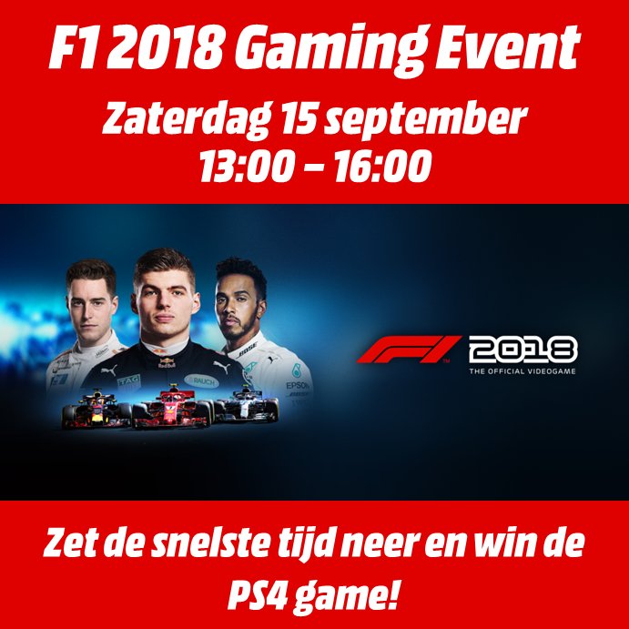 Schuilt er in jou een echte autocoureur? 🏎️💨 Doe mee met dit té gekke event bij MediaMarkt The Wall, zet de snelste tijd neer in onze PlaySeat-simulator en maak kans op de nieuwe F1 2018 PS4 game! 🎮 #thewallutrecht #mediamarkt #F1game #playseat #gamingevent