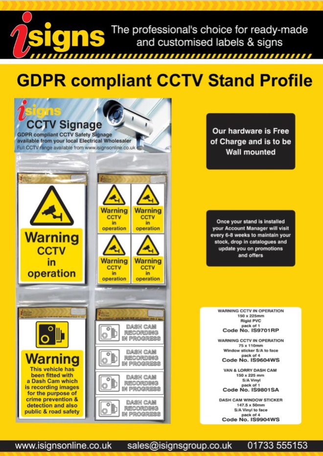 Did you know that wherever you are taking images or recordings of individuals captured by CCTV the law requires you to display a clear sign? Introducing our new range of GDPR compliant CCTV signs - Launching on 17th September at an #electricalwholesaler near you. #GDPR #CCTV