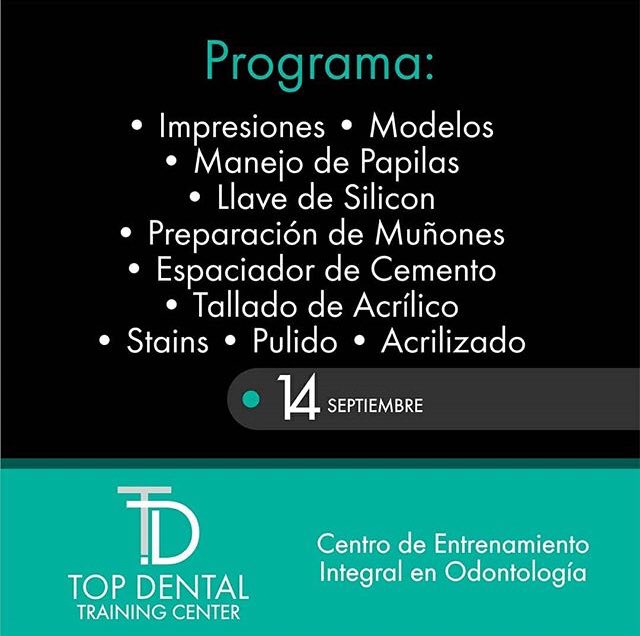 TEDental's tweet photo. ¡Aún quedan cupos!
Top Dental Training Center tiene el placer de anunciarles el
Curso Práctico Provisionales Caracterizados dictado por el
TD Jorge Echeverría
FECHA: Viernes 14 de Septiembre 2018
LUGAR: Sede Implantes MIS Venezuela

Información:
Magda Farnetano +58 412-6250434 https://t.co/QdhotlsEV4
