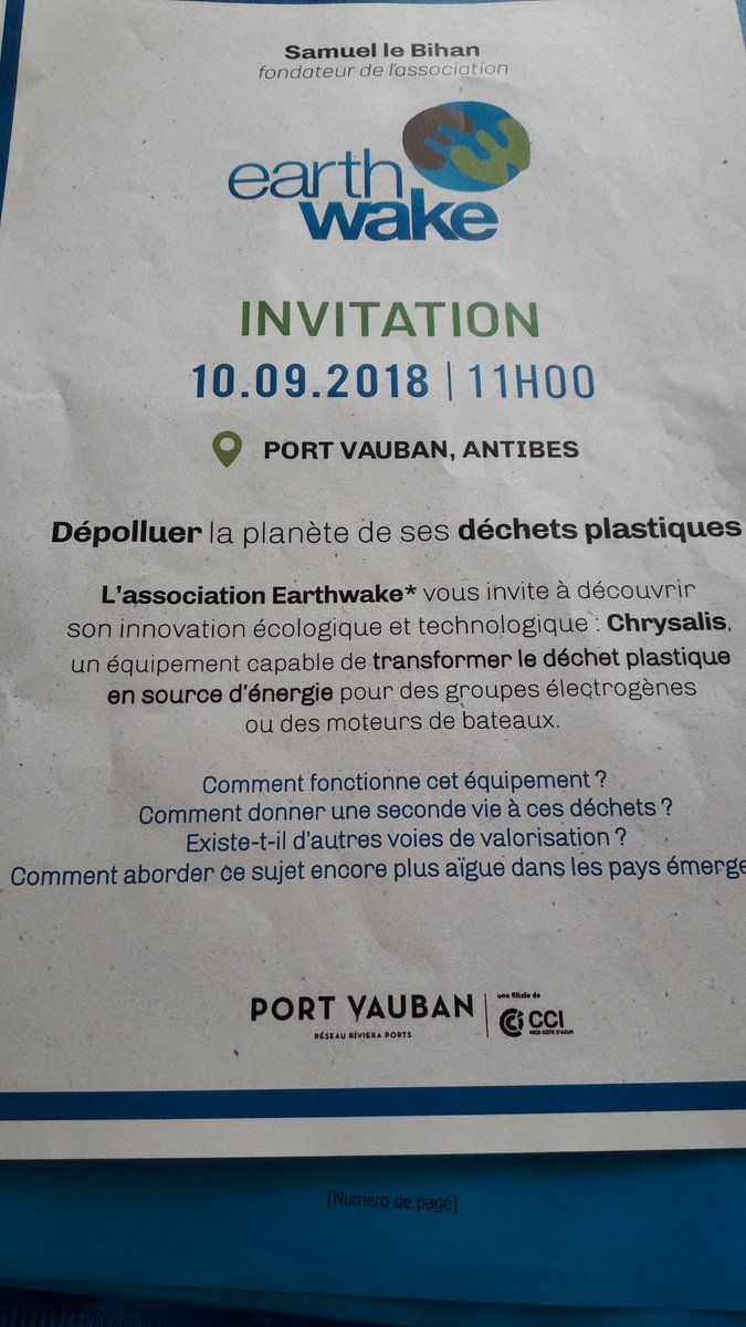 <a href="/citeofrance/">Citeo</a> aux côtés de <a href="/SamuelLeBihan/">Samuel Le Bihan</a>
et <a href="/AEarthwake/">Association Earthwake</a> au @portvauban  pour la présentation  de #chrysalis , équipement très novateur capable de transformer du plastique en carburant pour des moteurs de bateaux. Objectif donner une seconde vie aux déchets. #EconomieCirculaire