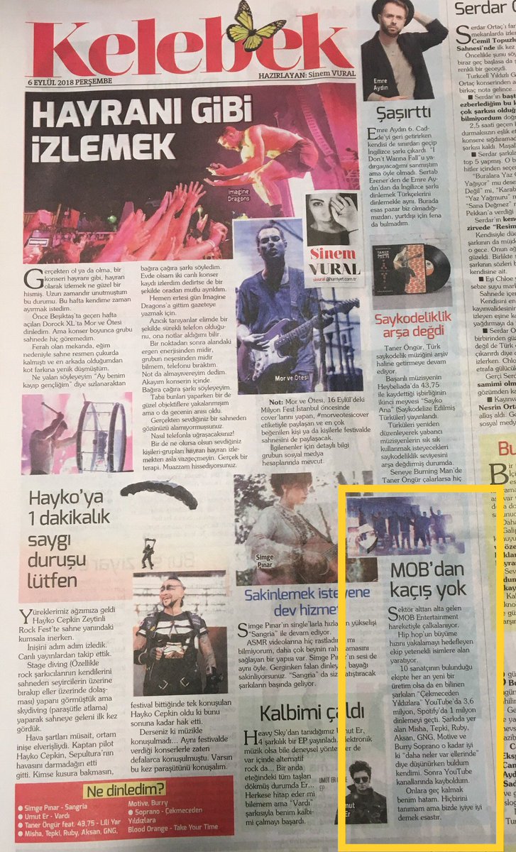 Hürriyet Kelebek gazetesi yazarı Sinem Vural köşesinde M.O.B’ye yer verdi📝
#mobentertainment #hürriyet #hürriyetkelebek