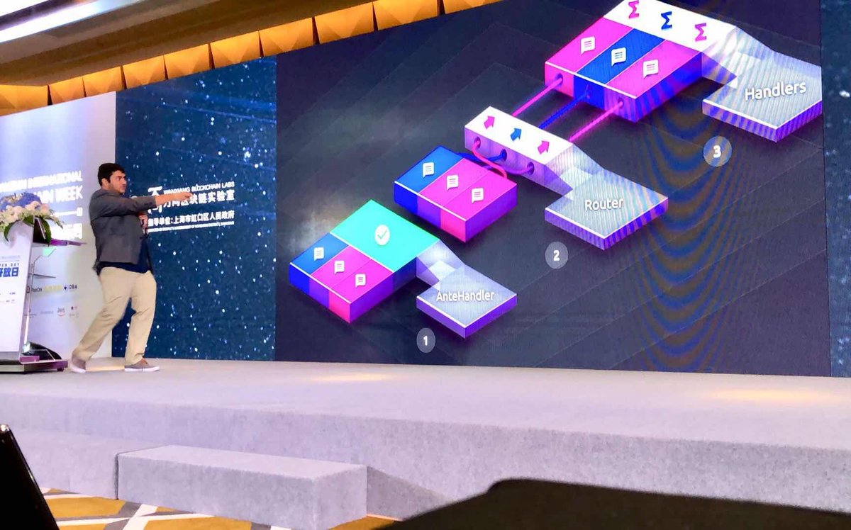 .<a href="/sunnya97/">Sunny Aggarwal 🧪</a> dives into how the Cosmos-SDK helps developers build custom transaction types, i.e. govtx, staketx, sendtx, with modules. For full slides: bit.ly/2x0399w. Credit to <a href="/zcpeng/">Peng Zhong</a> for overlaying the stunning visuals.