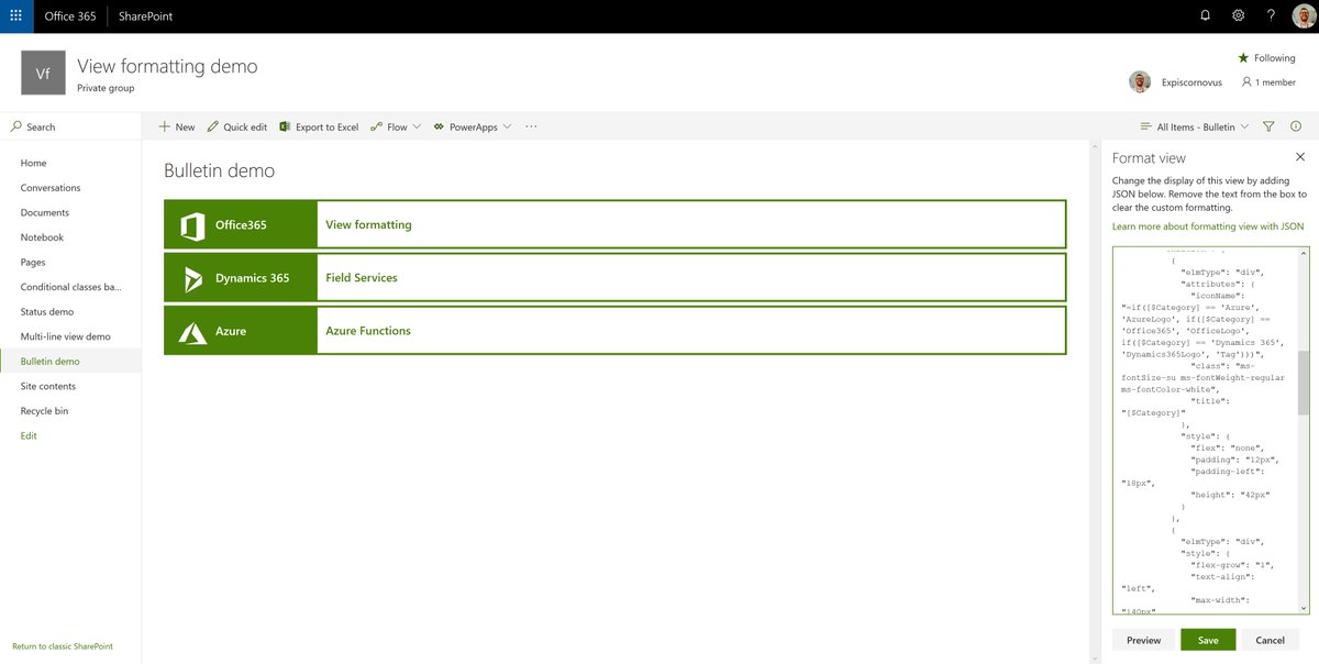 expiscornovus's tweet photo. Just tried the bulletin board example of @theChrisKent on Github. Good example of what you can do with new view formatting feature. #SharePoint #json #viewformatting https://t.co/ptEcqK9sPB