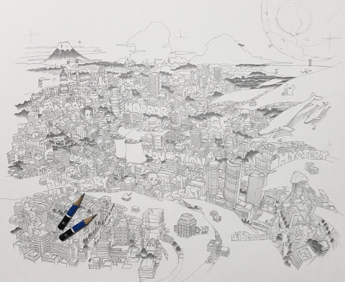 頭の中で湧いた空想と現実の入り混じった街の鳥瞰図を、主に3Bの鉛筆で