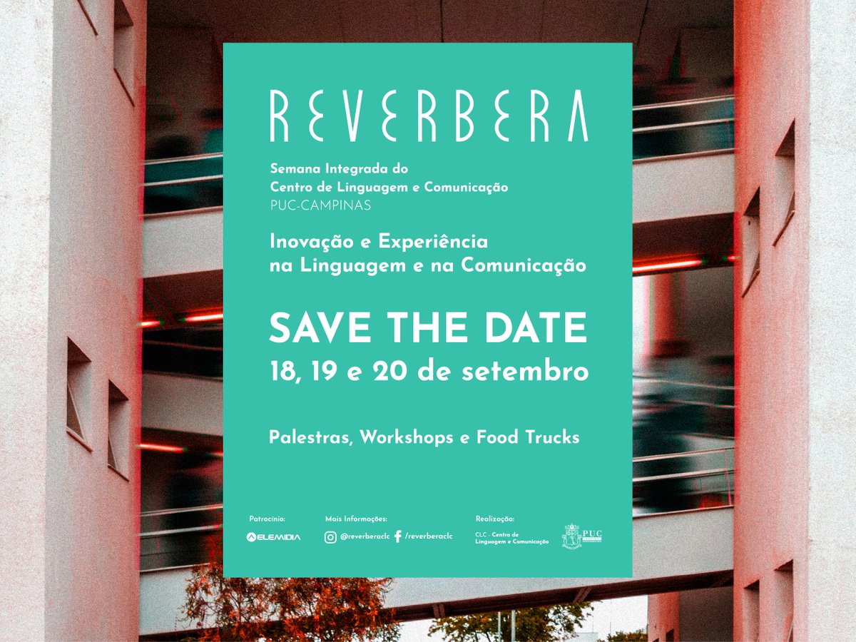 PUCCampinas's tweet photo. #Reverbera
Anote na agenda! Este ano tem Reverbera nos dias 18, 19 e 20 de setembro! A Semana Integrada do Centro de Linguagem e Comunicação terá como tema Inovação e Experiência! Em breve mais informações pra você! https://t.co/hyD8BWPBBU