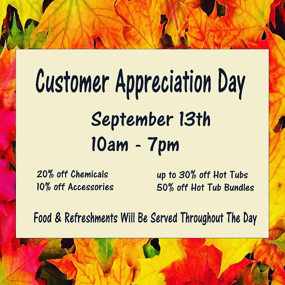 AlohaHotTubs's tweet photo. Customer Appreciation Day! 
Food, beverages and deals!!
This Thursday 10am-7pm!
#beachcomberregina #hottubs #mostlovedhottub #shoplocal https://t.co/bh4AxS99vU