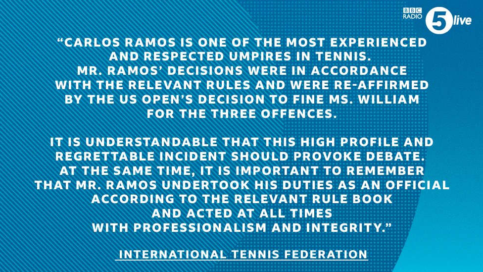bbc5live's tweet photo. Carlos Ramos “acted at all times with professionalism and integrity”.

The International Tennis Federation has given a statement backing the tennis umpire 👇 https://t.co/dAYdyo6Ewm