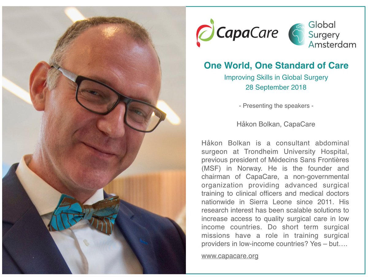 With great pleasure we announce <a href="/hakonbolkan/">Håkon Angell Bolkan</a> as a speaker at our symposium! Dr. Bolkan is surgeon and founder of <a href="/CapaCare/">CapaCare</a>, an NGO providing advanced surgical training to clinical officers and physicians in Sierra Leone since 2011. #globalsurgery #gsa #globalsurgeryamsterdam