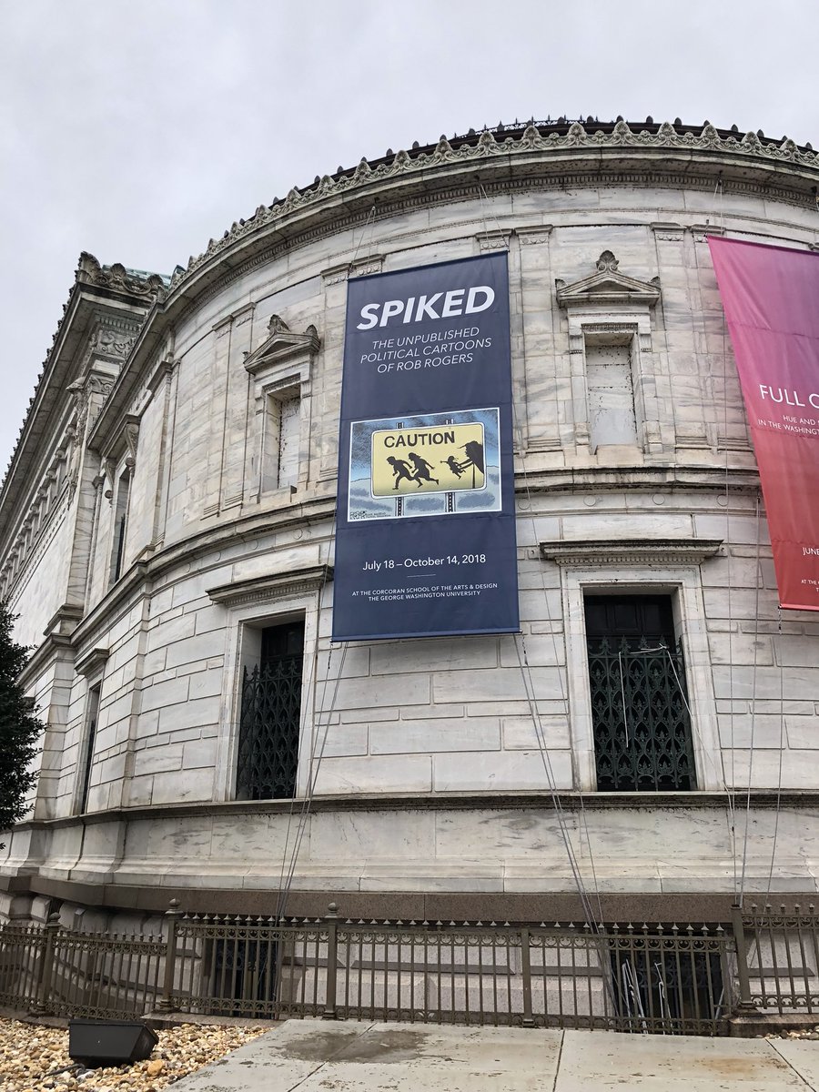 New banner on the outside of the <a href="/CorcoranGW/">Corcoran School @ GW</a> Flagg building featuring work of <a href="/Rob_Rogers/">Rob Rogers</a>. Join Rob and <a href="/AnnTelnaes/">Ann Telnaes</a> with me on 10/3 to discuss #pressfreedom, strategies for critiquing power, editorial cartoonists in today’s political climate. <a href="/SMPAGWU/">SMPA at GW</a> <a href="/gwucolumbian/">GW Arts & Sciences</a>
