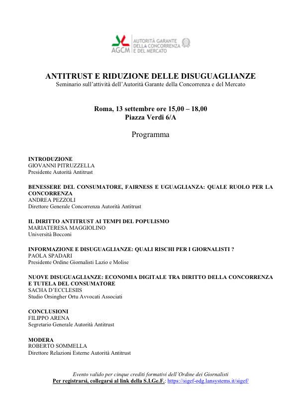 antitrust_it's tweet photo. Disuguaglianze e azione #Antitrust il 13 settembre alle ore 15 seminario con 5 crediti per i giornalisti e 4 per gli avvocati. Ecco il programma con #Pitruzzella #Arena #Pezzoli #Spadari #Maggiolino #DEcclesiis @SommellaRoberto https://t.co/I7hPmyN8J9