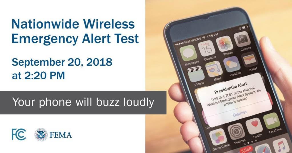 FEMARegion9's tweet image. PLEASE SHARE:

Nationwide Wireless Emergency Alert Test
September 20, 2018
2:20 PM EDT

Your phone will buzz loudly with a presidential alert and will read: "This is a test of the National Wireless Emergency Alert System."

No action is needed.

More Info: ow.ly/gLSx30lL9vp