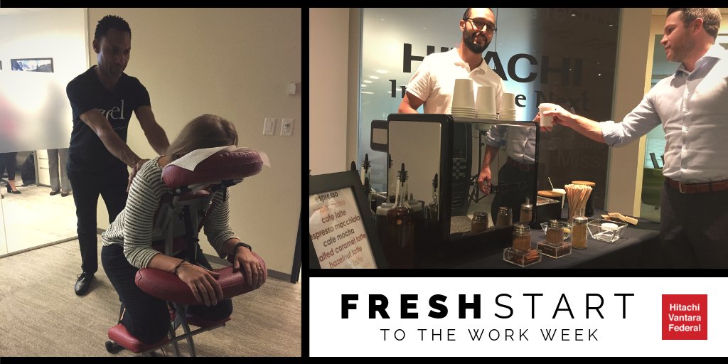 hitachi_federal's tweet photo. A company is nothing without its people. Today at #HVFed, we started the week on a positive note with in-office massages and an onsite #barista. What's your #mondaymotivation?

#LifeatHitachiVantara #EmployeeEngagement https://t.co/2gssdenbnr