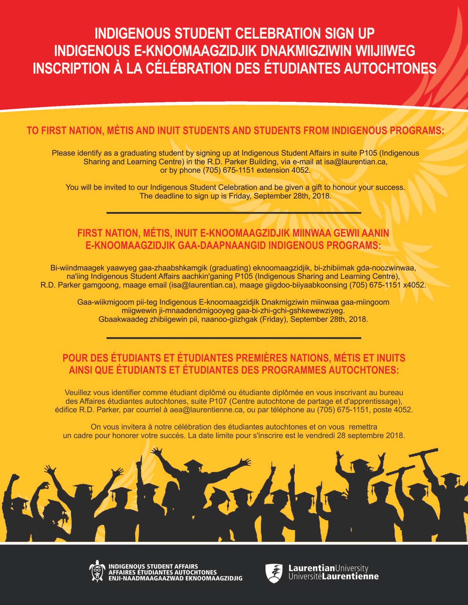 IndigenousLUL's tweet photo. Indigenous students and students majoring in an Indigenous program are invited to register for our Fall Indigenous Student Celebration to take place Oct. 27th! Deadline to register is Sept. 28th - click here https://t.co/Ty6Z60JKPf for form and send to isa@laurentian.ca Miigwech! https://t.co/QVyYuQ6PqD