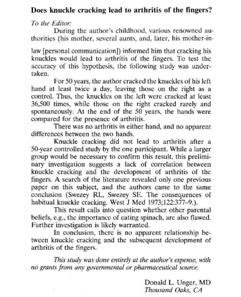 NAChristakis's tweet image. An MD cracked his knuckles for 50 years, but only for one hand, and concludes that both the claim that cracking causes arthritis, and that parents are right, must be rejected. Fabulous N-of-1 trial with internal control. onlinelibrary.wiley.com/doi/pdf/10.100… Via @EikoFried @WeedenKim