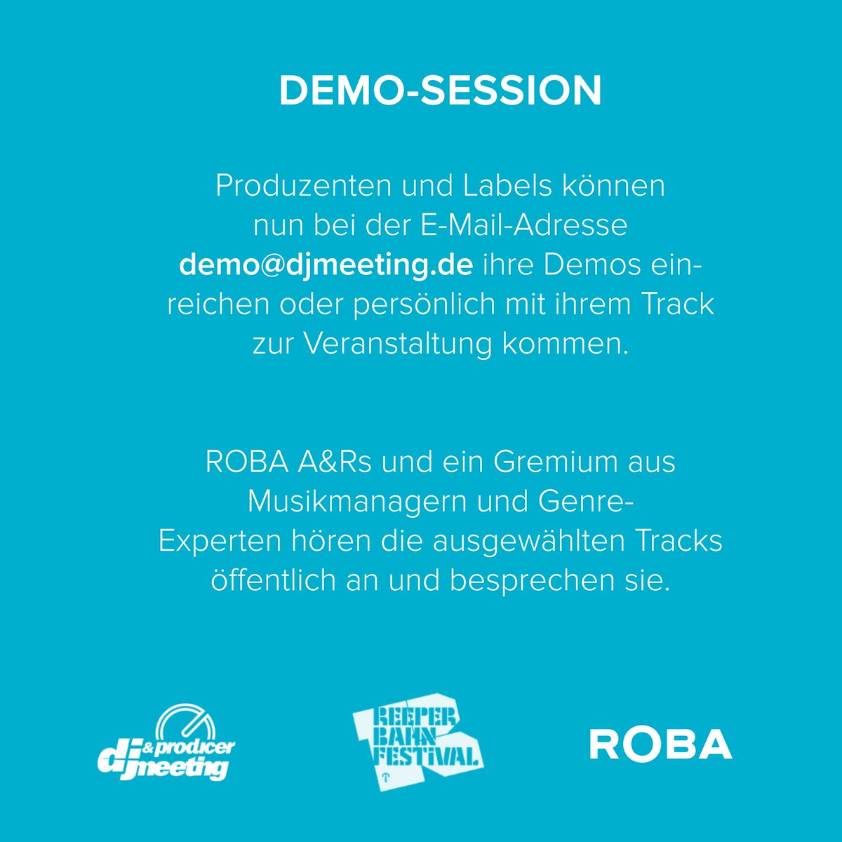 robamusic's tweet photo. Hey young producers this is you chance to place your tracks for our demo clinic. #robamusic #reeperbahnfestival #rbf2018 https://t.co/F0fKTQH32l