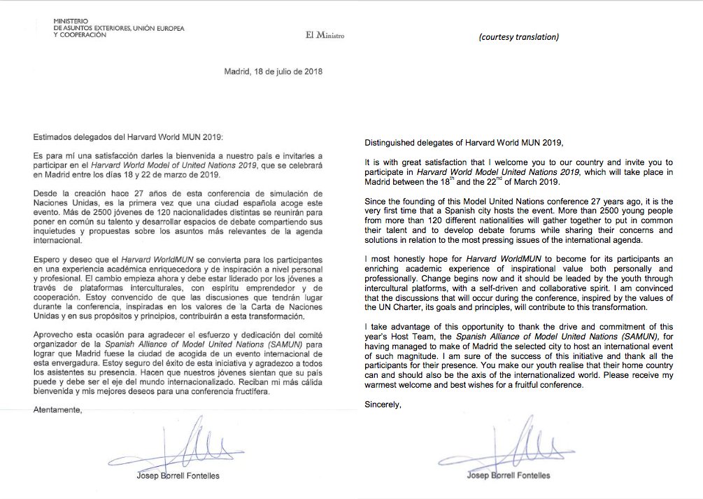 WorldModelUN's tweet image. Harvard WorldMUN is grateful for the kind words from @JosepBorrellF , Minister for Foreign Affairs, European Union, and Cooperation of Spain. Head over to our website at worldmun.org/letters-of-sup… to view our letters of support!
