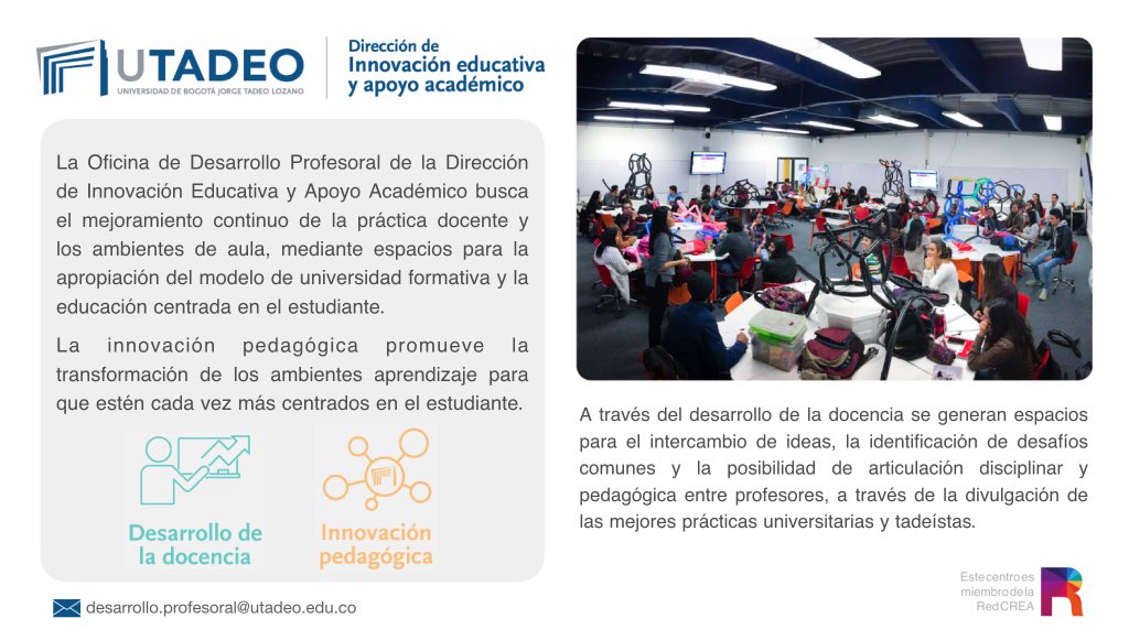 RedCreaCO's tweet photo. La oficina de Desarrollo Profesoral de la Dirección de Innovación Educativa y Apoyo Académico de la @Utadeo_edu_co es miembro de la Red CREA. #EducaciónSuperior #RedCREACO #HigherEducation #InnovaciónEducativa #ApoyoAcadémico https://t.co/nAswL1Lu2I
