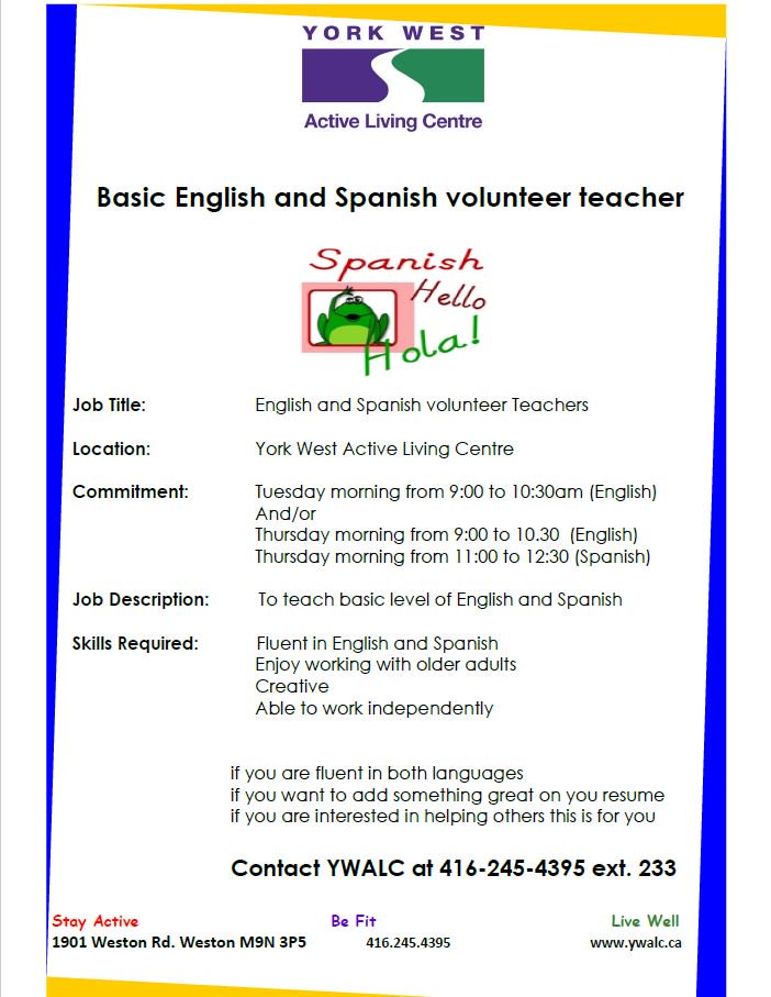 YWALC is seeking for English and Spanish volunteer teachers. If interested contact 416.245.4395 ext 233 <a href="/VolunteerCanada/">Volunteer Canada</a> @UHNvolunteer <a href="/VolunteerTO/">Volunteer Toronto</a> #volunteering #volunteers #volunteersintoronto #CommunityEngagement #community #toronto #yyz #canada #voluntarios #english #spanish