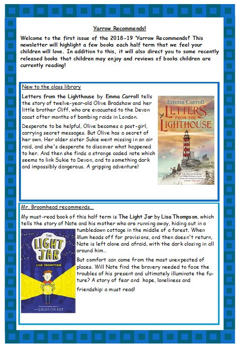 Yarrow_Class's tweet photo. Hot off the press is the first edition of this year's 'Yarrow Recommends' reading newsletter. It's packed full of reviews, reasons to read and recommendations that previous classes have enjoyed! #LoveReading #readingforpleasure #WeAreReading https://t.co/V2tgeR4Sxq