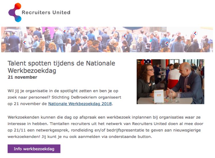 Werkbezoekdag's tweet image. &quot;Wil jij je organisatie in de spotlight zetten en ben je op zoek naar personeel?&quot;

Recruiters uit het netwerk van Recruiters United doen mee met de Nationale Werkbezoekdag. Ken jij een #recruiter? Tip hem of haar op de #Werkbezoekdag!