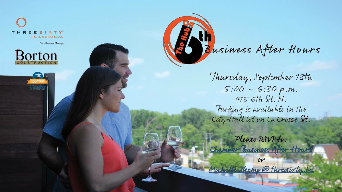 Hub_on_6th's tweet photo. The Hub on 6th, along with Borton Construction and @360Realty_Lax is hosting the La Crosse Chamber's September Business After 5. Come enjoy opportunities to mingle, network, take tours and celebrate our ribbon cutting with us! https://t.co/A5T5JLNU3W