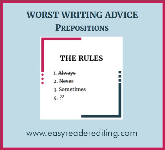 LyndaDietz4's tweet photo. Prepositions. Are they the very thing to never end a sentence with? The thing with which to never end a sentence? Does it matter? Is it even a rule? (Hint: it is NOT.) https://t.co/w3xDA2SVhK #EasyReaderEditing #WorstWritingAdvice #amwriting #amediting https://t.co/Y8JwtPY6e0