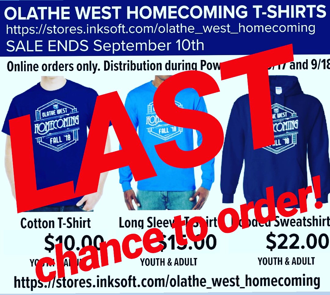 OlatheWestCheer's tweet image. Have  Y O U  ordered your HoCo apparel yet? 
T O D A Y is  t h e  LAST  day to order it⚠️
Your choices are a Tshirt, a long sleeve shirt and a hoodie! A L L available in two OW  c o l o r s! 
Grab yours and S H O W your spirit at next weeks HoCo activities. #goowls #owpride #ow