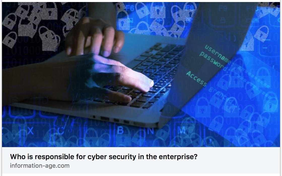 Who is responsible for #cybersecurity in the #enterprise?
lnkd.in/e5JYQVS 
#CISO #CyberRisk #CyberRiskManagement #EnterpriseSecurity #Compliance #GDPR #Regulation #CybersecurityBudget