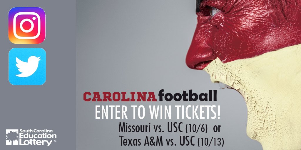 sclottery's tweet image. Gamecock fans, enter to win tickets to the Missouri or Texas A&amp;amp;M game.  RT and FOLLOW @sclottery to enter! SC residents only. Must be 18 or older. Rules: bit.ly/2PyX8t0
