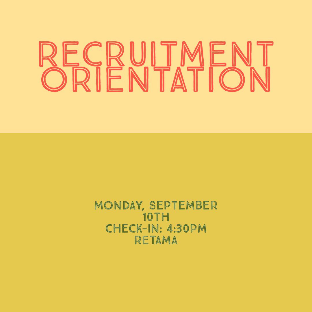 UTSAPHC's tweet photo. Happy Monday Runners! Today is the start of our anticipated Recruitment week. We will be hosting our Orientation for those who are interested in going GREEK. Check-In will start at 4:30pm and we will begin at 5:00pm, be on time at the Retama! ✨✨
#utsagogreek #utsa22 #utsaphc https://t.co/3XtH19omhB