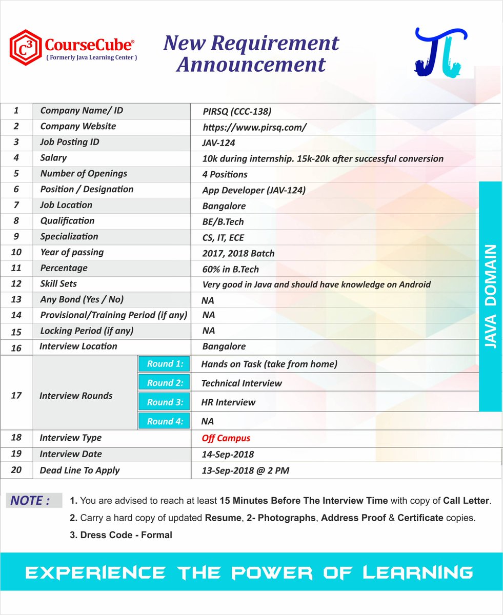 mycoursecube's tweet photo. New #JAVA Requirement from our Client- #PIRSQ(CCC-138) - for the position of #App_Developer. #OFF #CAMPUS #PLACEMENT #DRIVE will be conducted for #CourseCube's trainees. 

For more on #Courses and #Placements log on to https://t.co/48wEz3lf1X / Call or WhatsApp at 77950-99-999. https://t.co/35DXG1tucO