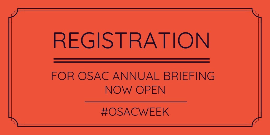 OSACstate's tweet photo. OSAC is happy to announce that registration for the 2018 OSAC Briefing is now open! Make sure you secure your spot by November 1! Click here for more information: https://t.co/AZtYOSV3U8 https://t.co/Me9tbyA3Gf