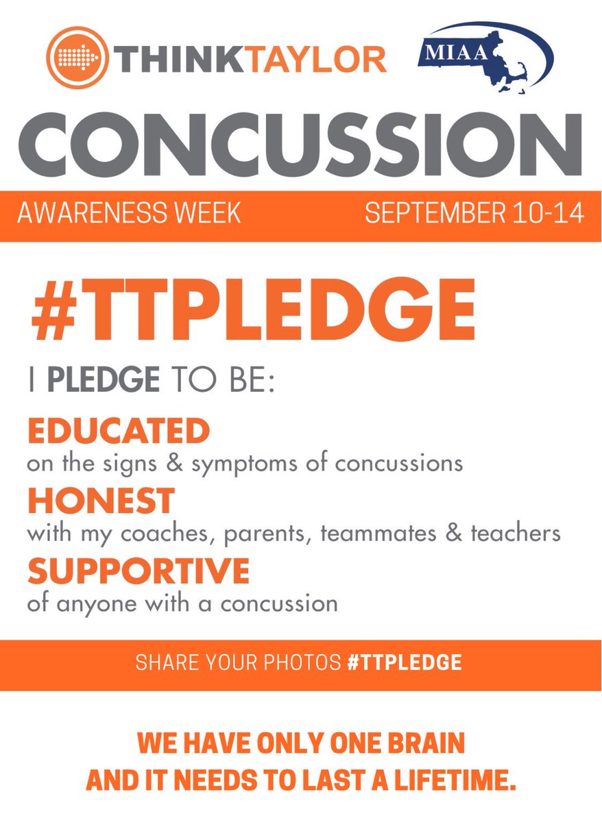ThinkTaylorORG's tweet image. .@miaa033 #ConcussionAwarenessWeek Day 1! 100k #Massachusetts student athletes will be taking the #TTpledge this week to promote #concussion safety. #Educated #Honest #Supportive