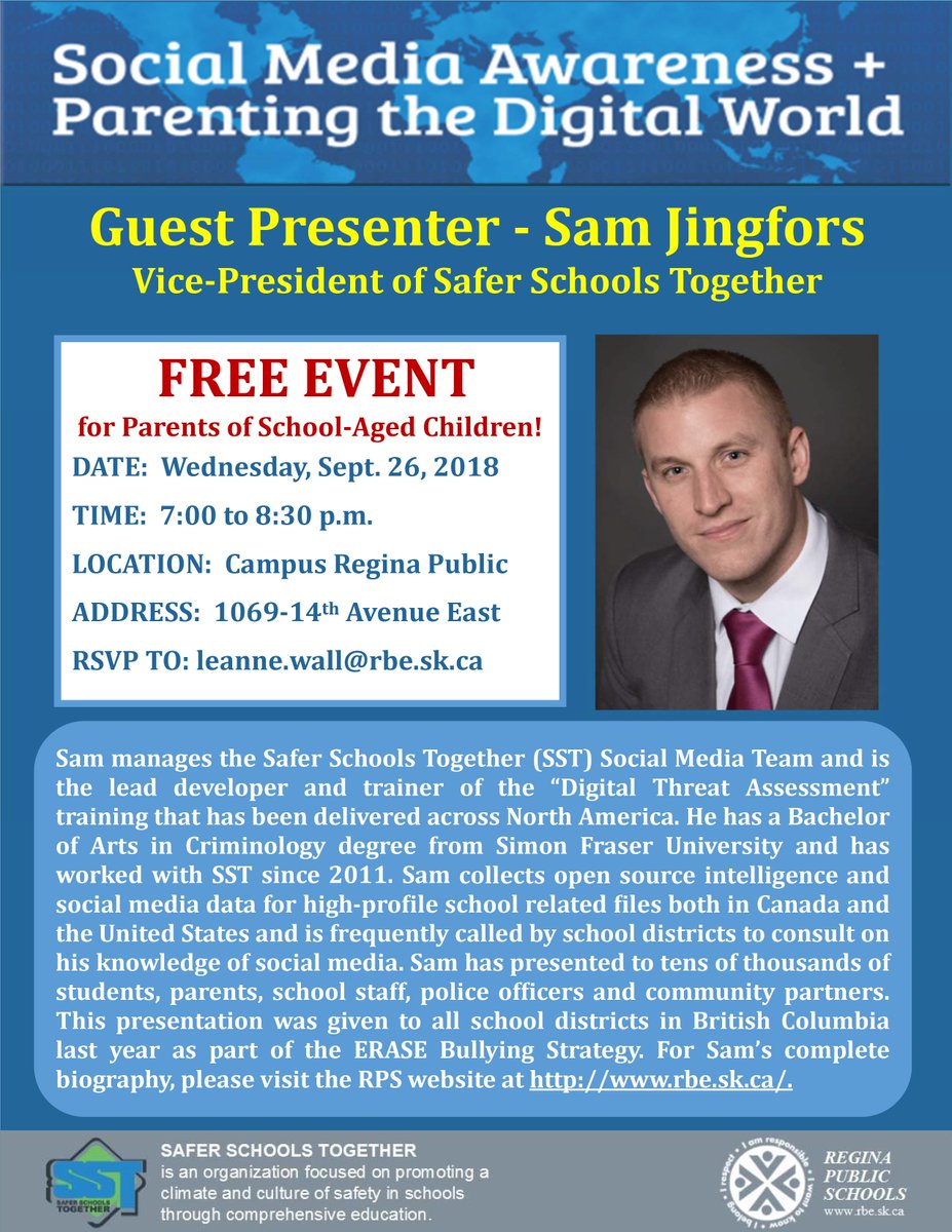 Free for parents of school-aged children - Social Media Awareness + Parenting the Digital World. September 26, 2018 - 7 to 8:30 p.m.  Mark your calendars! <a href="/Safer_Schools/">Safer Schools Together</a>