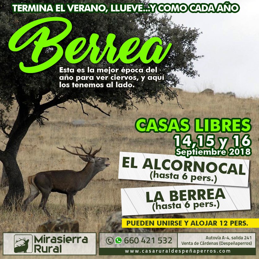 RuralMirasierra's tweet photo. ¡COMENZÓ LA BERREA!, para este fin de semana nos quedan dos casas libre
¡¡HAZ YA TU RESERVA !! - Telf 660 421 532
https://t.co/gTlDHbr3fR
MIRASIERRA RURAL Casas Rurales
Autovia A4 Madrid – Andalucía - Salida 241
VENTA DE CARDENAS (Despeñaperros) Ciudad Real https://t.co/gwoibpk6G5