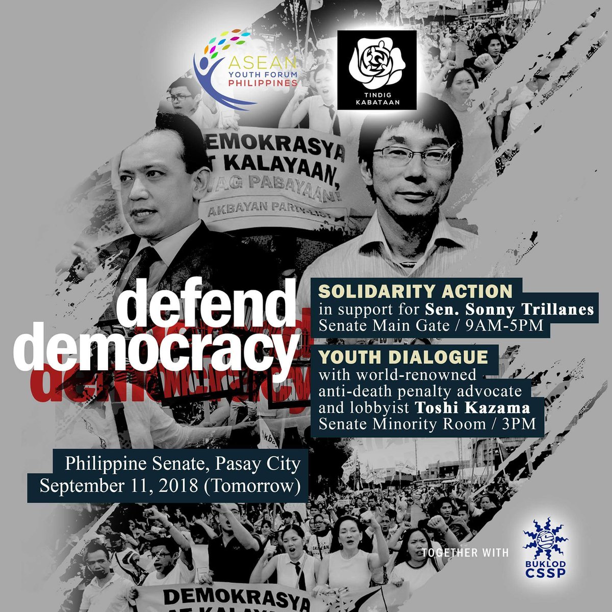 ayfphilippines's tweet photo. Together, let us #DefendDemocracy! Join @ayfphilippines &amp; Tindig Kabataan in the solidarity program in support for Senator @TrillanesSonny and a youth dialogue with world-renowned anti-death penalty advocate &amp; lobbyist Toshi Kazama at the Philippine Senate tomorrow!
@BuklodCSSP https://t.co/1PxV6d8qrR