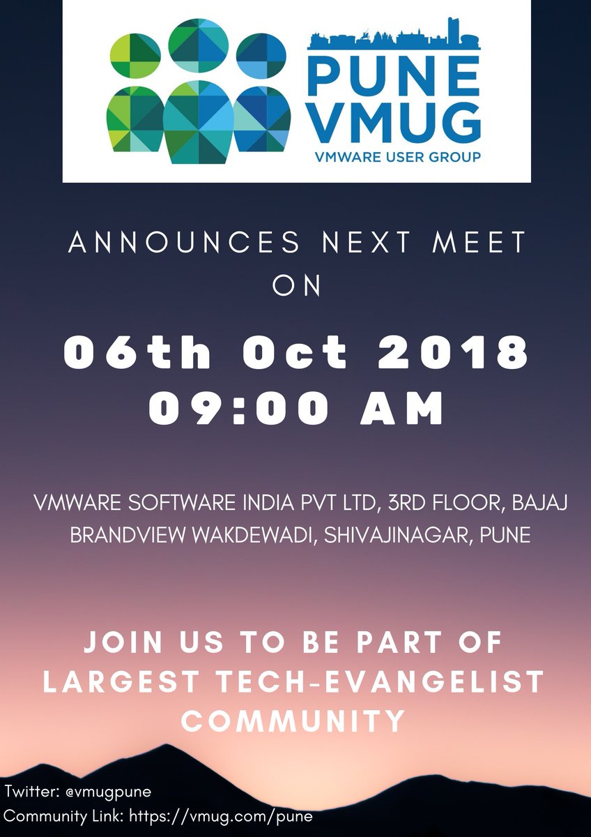 Please fill the small survey and confirm your seat at VMUG Pune 06th Oct meet. Feel free to extend this invite to your colleagues as well
bit.ly/2Nj2V7E #VMUGPune