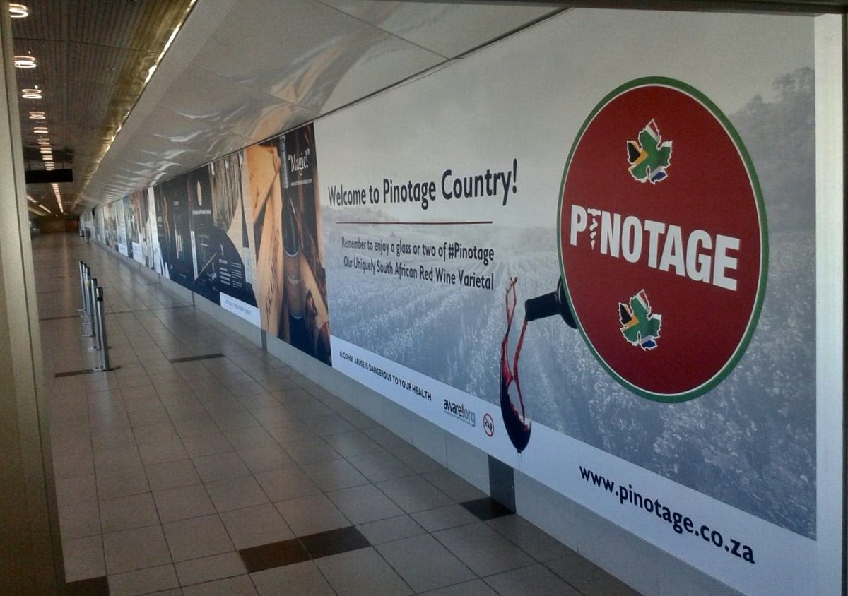 PinotageSA's tweet photo. All international guests to #CapeWine2018 are welcomed to SA by the 60m #PinotageWall at @capetownint . If you walk past the wall , please upload a photo with the  #PinotageWall tag. Cheers! 
  #CapeWinePinotage #ProudlyPinotage https://t.co/SJtdJyBv2N