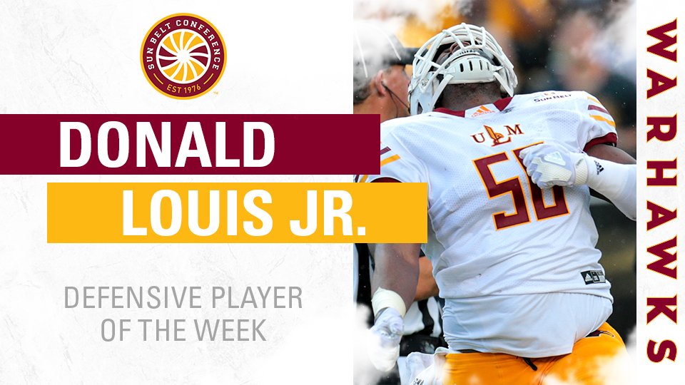 ULM_FB's tweet photo. Donald Louis Jr. set career highs for tackles for loss (3 for 19 yards) and sacks (2 for 15 yards) in ULM's 21-20 win at Southern Miss. https://t.co/BJRQUA9bs1