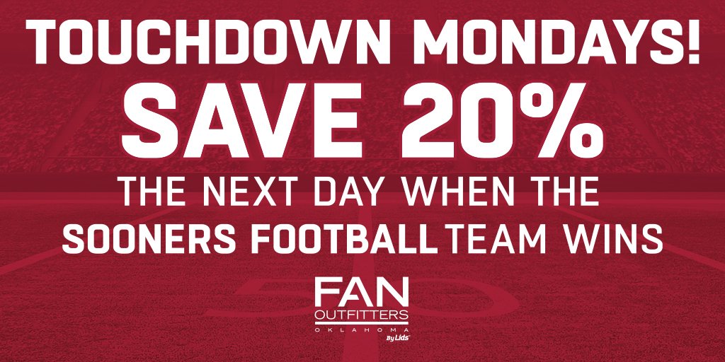 FanOutfittersOK's tweet photo. Celebrate this weekend's win with Touchdown Monday! Save 20% off TODAY ONLY! See you soon, Sooners! #BoomerSooner https://t.co/UHsvFpjBp9