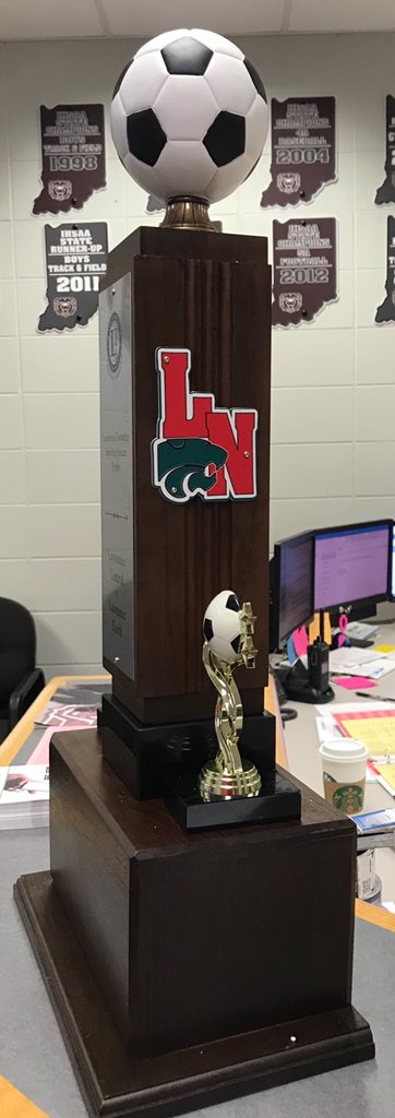 LCBears_BSoccer's tweet photo. Those involved know LC-LN is already a great rivalry.  We’re adding some extra hardware.  The boys soccer game is rebranded as the Lawrence Derby and the winner holds the trophy.  Tomorrow night at LC following the girls game.  @LNMENSOCCER @LCHSAthletics https://t.co/hCiqYNbQme