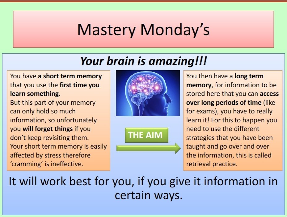 TheMFG2020's tweet photo. Year 10 have had a recap today about the reasons for the 'Mastery Mondays' tutor programme we have run for the last 2 years #Embeddingknowledge #MasteryLearning #revisionstrategies https://t.co/zKqbsjjwyM