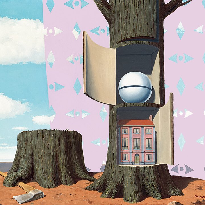 SFMOMA's tweet photo. What do these works have in common?

For the rounded wall of a Belgian casino, #Magritte combined ideas and icons from other paintings for his 233 foot Enchanted Domain. Notice how the backgrounds shift like theater sets, allowing the “actors” to coexist. #MagritteSFMOMA https://t.co/h5X9dFmwIW