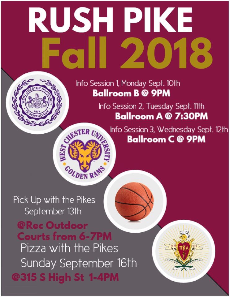 WestChesterPIKE's tweet photo. Here is the updated and final schedule for our rush events! If anyone has any questions feel free to DM us. Can’t wait to meet you all😀 https://t.co/Aqy4M6L3DV